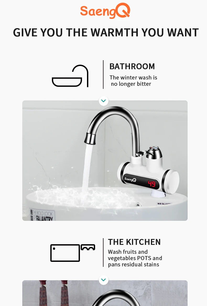 SaengQ Digital Display Electric Water Heater 220V Kitchen Faucet